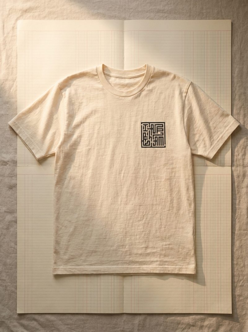 A cream shirt laid flat, carrying the mark at the chest.